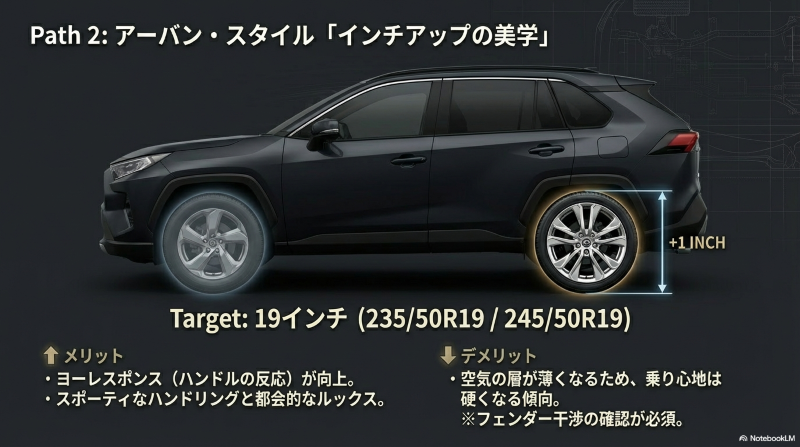 19インチへのインチアップによるハンドリング向上とスポーティなルックスを解説する図