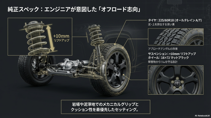 RAV4オフパケ2の10mmリフトアップされたサスペンションと純正18インチオールテレインタイヤの構造図