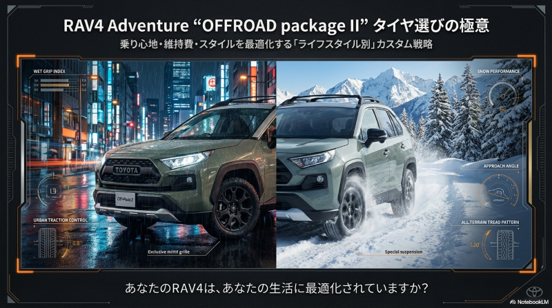 RAV4オフパケ2の都市部でのウェットグリップと雪道でのスノーパフォーマンスを対比させたタイヤ選びのイメージ画像