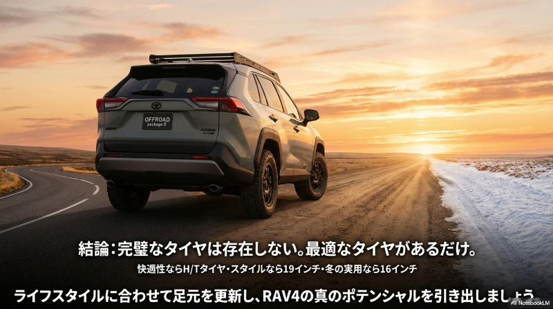 完璧なタイヤは存在せずライフスタイルに合わせた最適なタイヤ選びがRAV4のポテンシャルを引き出すという結論スライド