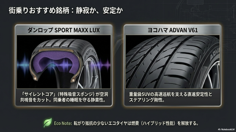 ダンロップのSPORT MAXX LUX(特殊吸音スポンジ搭載)とヨコハマのADVAN V61のトレッドパターン画像