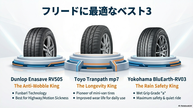 ダンロップのエナセーブRV505、トーヨーのトランパスmp7、ヨコハマのブルーアースRV03の特徴比較