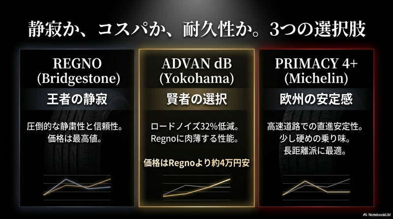 静寂のREGNO、コスパのADVAN dB、耐久性のPRIMACY 4+という3つの選択肢