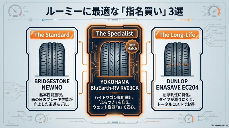 ブリヂストンNEWNO、ヨコハマRV03CK、ダンロップEC204の性能比較