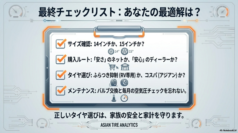 ルーミーのタイヤ交換におけるサイズ、購入ルート、選び方の最終確認項目