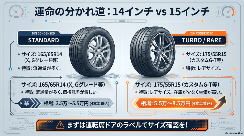 ルーミーの標準グレード(165/65R14)とターボ車(175/55R15)のタイヤ価格差と特徴