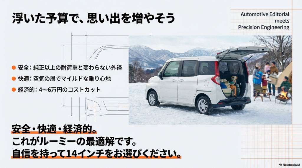雪山でのキャンプシーンとルーミー。安全・快適・経済的な14インチ化による豊かなカーライフのイメージ