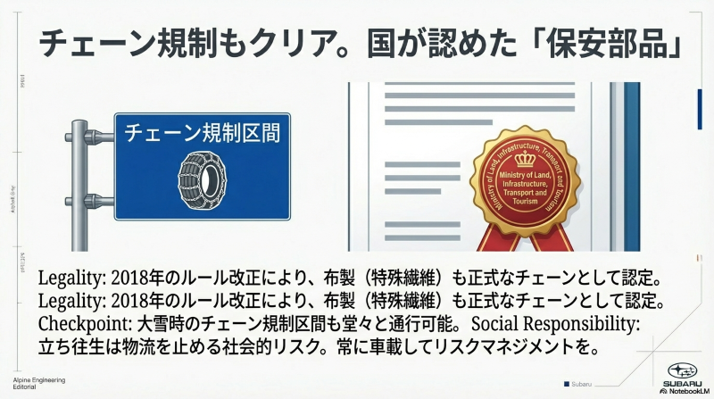 2018年のルール改正により国土交通省から正式なタイヤチェーンとして認定され、チェーン規制区間も通行可能である解説
