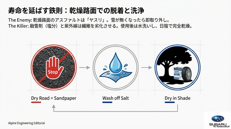 乾燥路面でのこまめな脱着、融雪剤の水洗い、日陰での完全乾燥など、布製チェーンの寿命を大きく延ばす保管手順