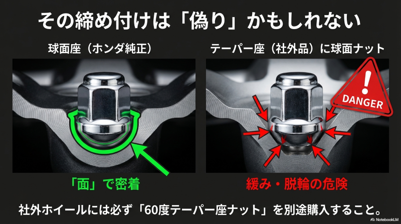 ホンダ純正の球面座ナットを社外のテーパー座ホイールに使用する脱輪の危険性