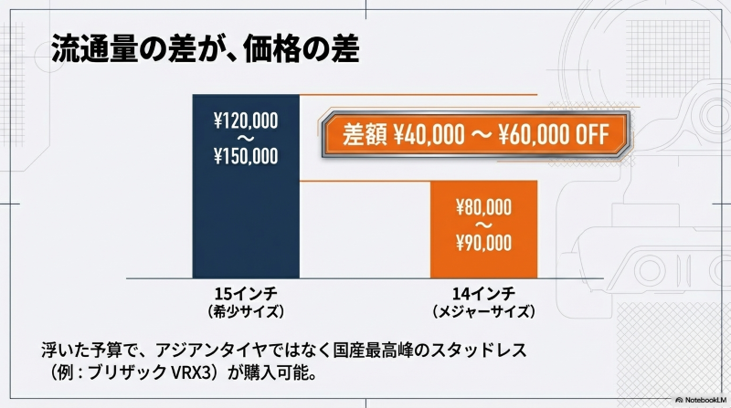 15インチと14インチのスタッドレスタイヤ価格比較表。14インチ化により4万円から6万円のコストダウンが可能