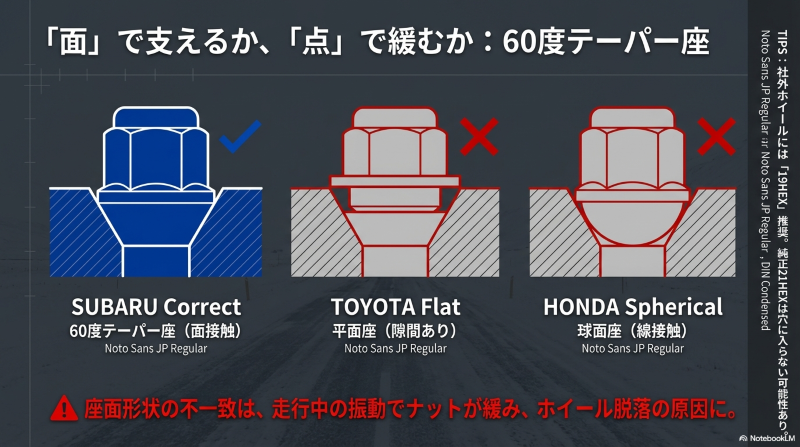 60度テーパー座、トヨタの平面座、ホンダの球面座の違いとナットが緩む原因の図解