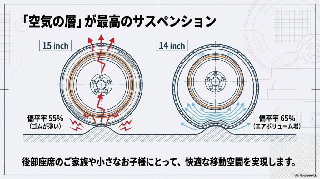 55偏平と65偏平のゴムの厚みを比較し、エアボリュームの増加がサスペンション効果を生む仕組みの解説図