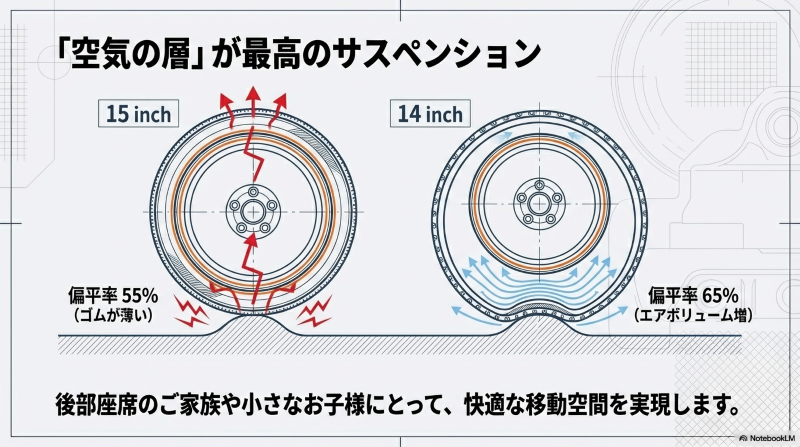 55偏平と65偏平のゴムの厚みを比較し、エアボリュームの増加がサスペンション効果を生む仕組みの解説図