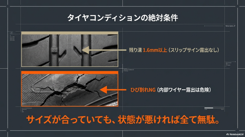 残り溝1.6mm以上の確保や、内部ワイヤー露出に繋がる危険なひび割れに対する警告