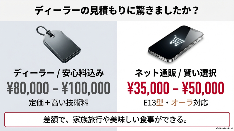 ディーラーのタイヤ交換費用(8万円〜10万円)とネット通販(3.5万円〜5万円)の価格比較グラフ。ネット通販の方が圧倒的に安いことを示しています。