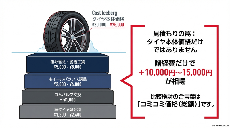 タイヤ本体価格以外に、工賃やゴムバルブ交換、廃タイヤ処分料など諸経費が10,000円〜15,000円かかることを示す氷山モデル図