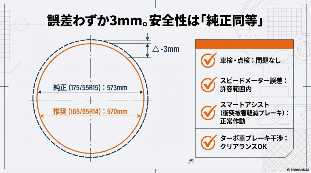 純正175/55R15(573mm)と推奨165/65R14(570mm)の外径差がわずか3mmであることを示す比較図