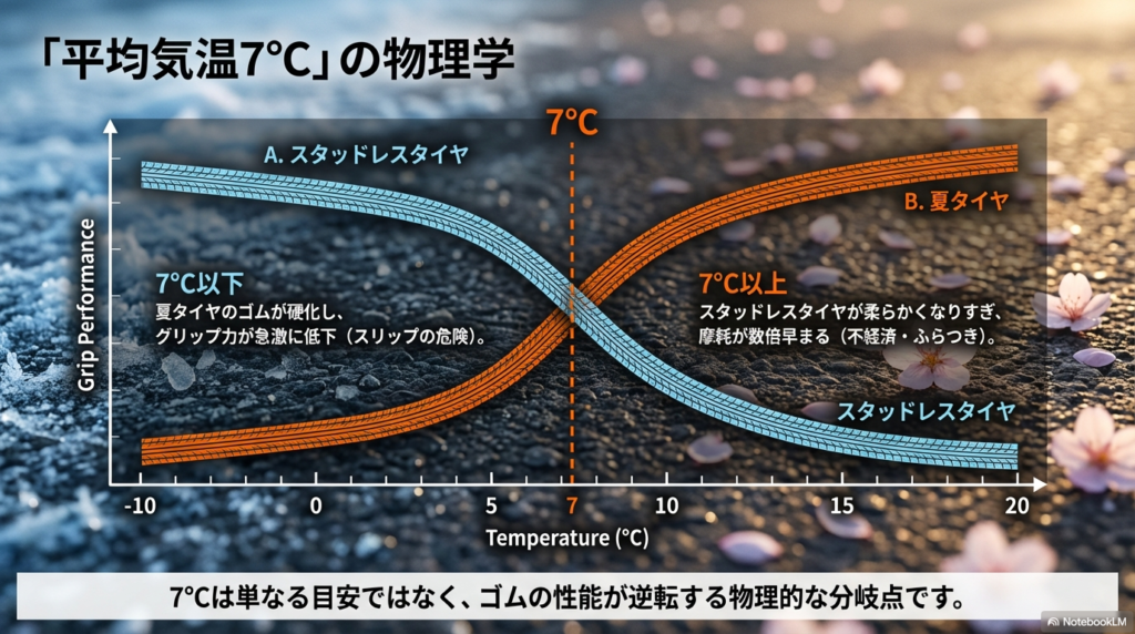 夏タイヤとスタッドレスタイヤの性能が気温7℃で交差することを示すグラフ。7℃以下では夏タイヤが硬化し、7℃以上ではスタッドレスの摩耗が早まる様子を図解。