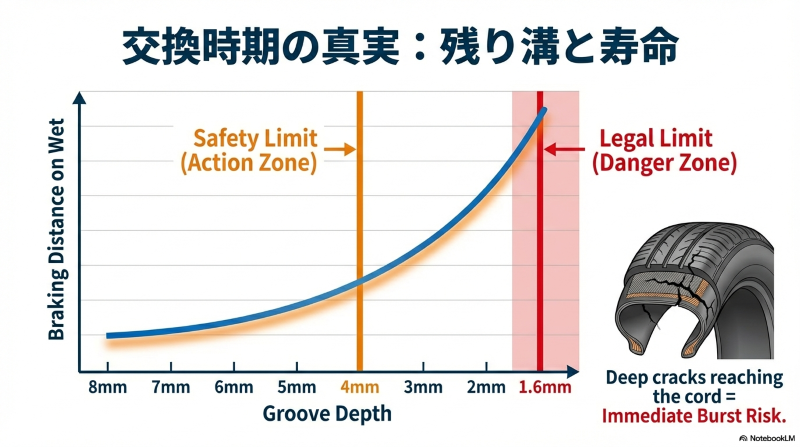 タイヤの残り溝が4mm以下になるとウェットブレーキ性能が急激に低下することを示すグラフとひび割れの危険性