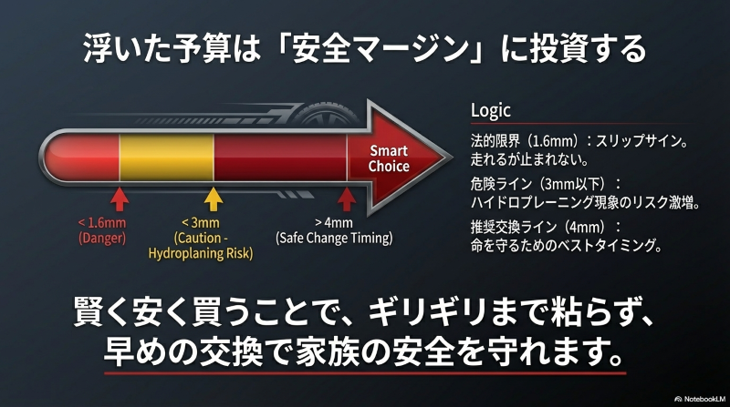 法的限界の1.6mmや危険ラインの3mmではなく、安全マージンを確保した4mmでのタイヤ交換推奨ライン