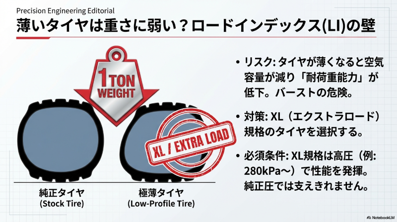 極薄タイヤの空気容量減少に伴う耐荷重低下リスクと、それを補うエクストラロード規格(XL)の解説図