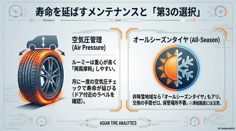 ルーミーの偏摩耗を防ぐ空気圧チェックとオールシーズンタイヤの活用法