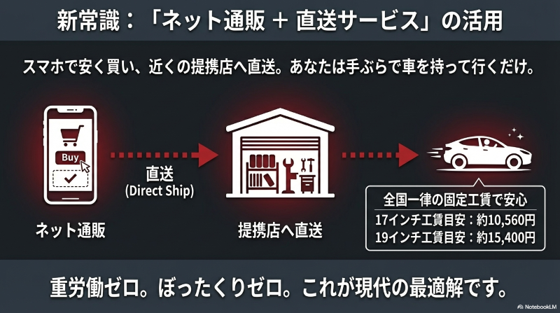 スマホで購入し提携店へ直送することで全国一律の固定工賃でタイヤ交換ができる新常識