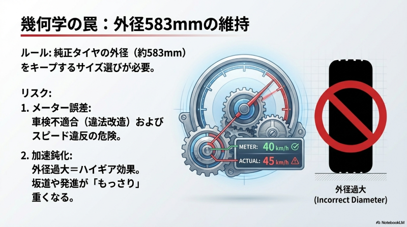タイヤの外径が過大になった際に発生する、メーター表示40km/hに対して実際の速度が45km/hになる誤差の図解
