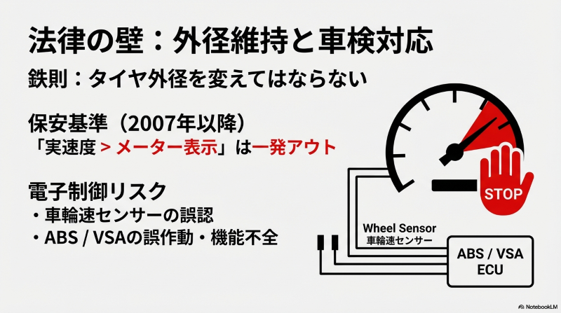 タイヤ外径変化によるスピードメーター誤差とABS・VSA車輪速センサーへの悪影響