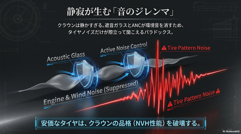 遮音ガラス等で環境音が消され、タイヤパターンノイズが際立ってしまう現象の図解