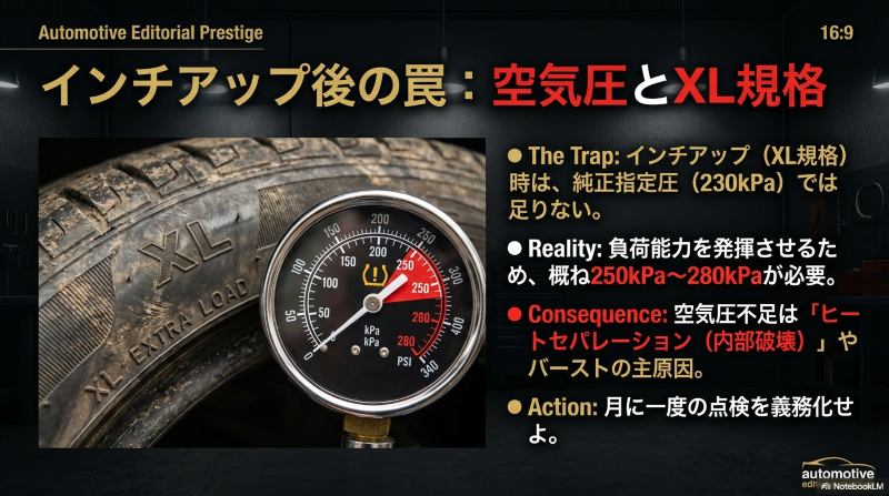 インチアップ時の空気圧管理・XL規格タイヤには純正指定圧以上の250-280kPaが必要であることを示すメーター図