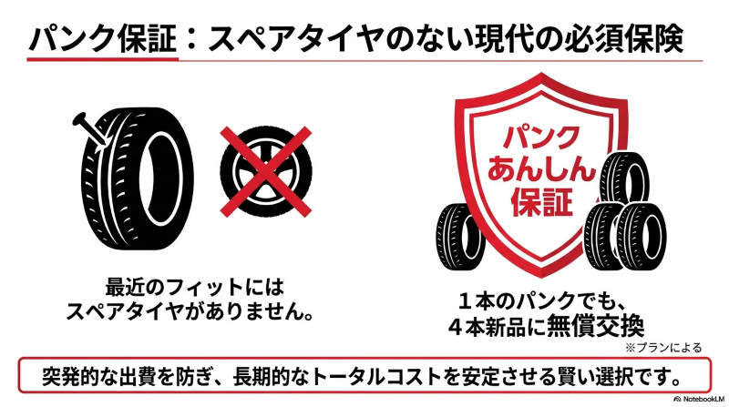 スペアタイヤがない現代の車において、1本のパンクでも4本新品に無償交換できる「パンクあんしん保証」の重要性