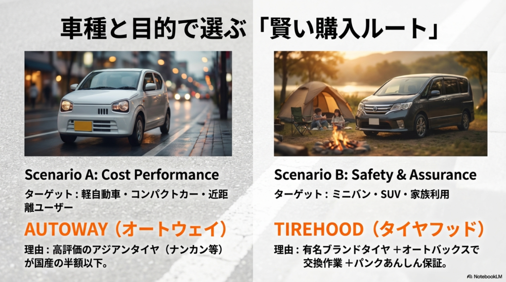 軽自動車・コンパクトカー向けのコスト重視ルート（オートウェイ）と、ミニバン・SUV向けの安心重視ルート（タイヤフッド）を比較したスライド