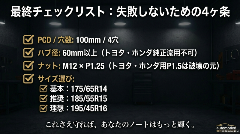 ノートE11タイヤ交換の最終チェックリスト・PCD・ハブ径・ナット規格・推奨タイヤサイズの一覧