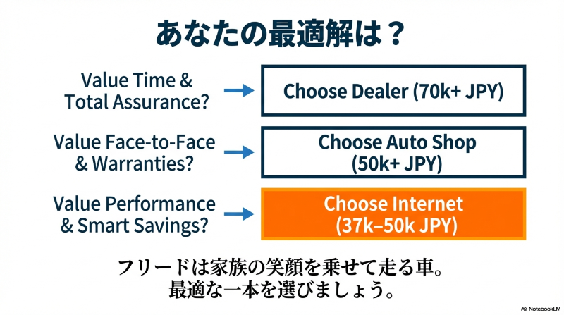 安心重視ならディーラー、バランス重視ならカー用品店、安さ重視ならネット通販を選ぶためのフローチャート
