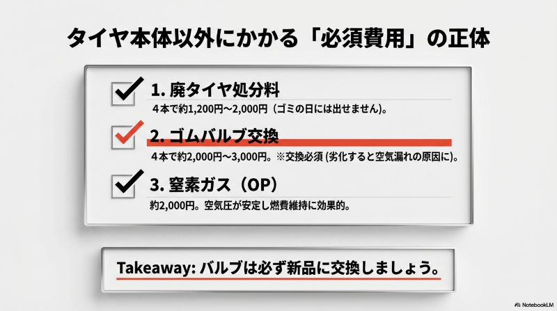廃タイヤ処分料、ゴムバルブ交換、窒素ガス充填などの必須費用とオプション費用の内訳