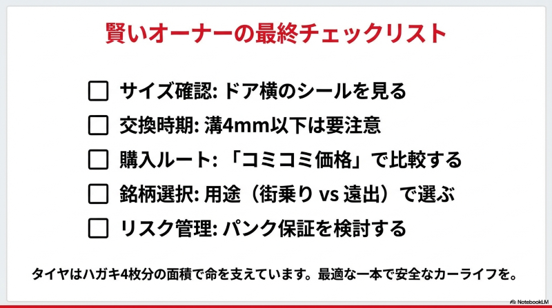 サイズ確認、交換時期、購入ルート比較、銘柄選択、パンク保証検討の5項目をまとめた最終確認用チェックリスト