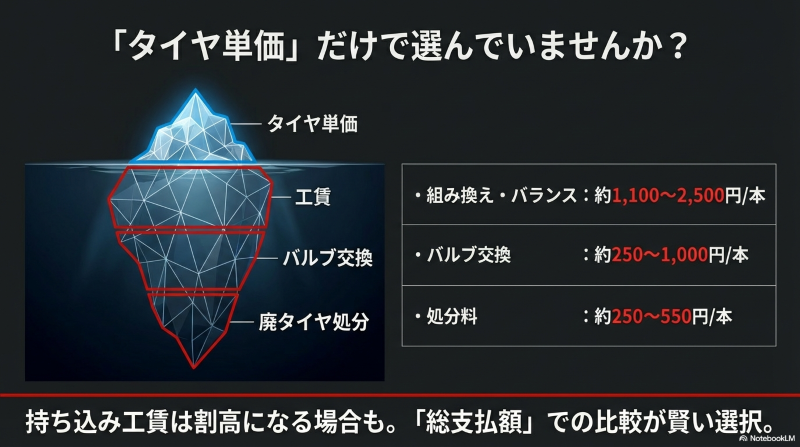 タイヤ単価以外にかかる組み換え工賃や廃タイヤ処分料を示す氷山モデル