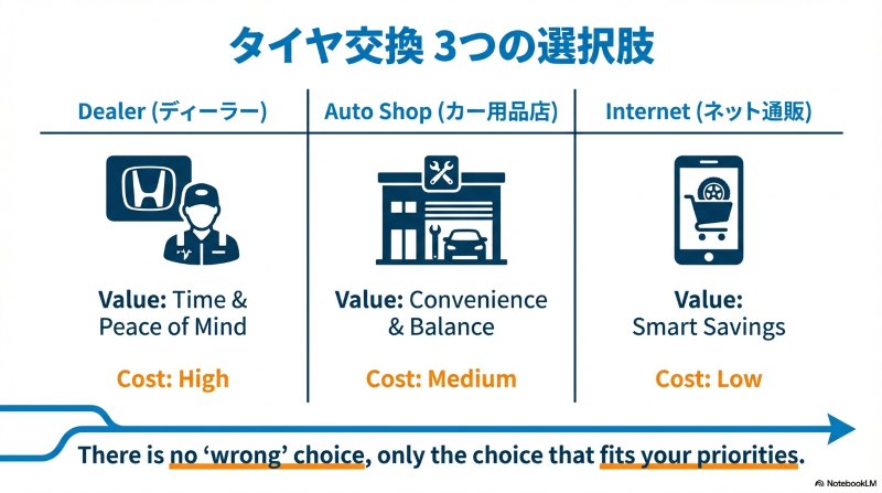 タイヤ交換の依頼先であるディーラー・カー用品店・ネット通販それぞれのコストとメリットの比較図