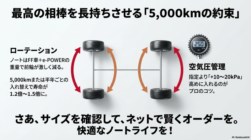 5,000kmごとのローテーションと、指定より少し高めの空気圧管理でタイヤ寿命を延ばす方法の解説
