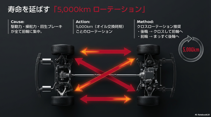 タイヤ寿命を延ばす5000kmごとのクロスローテーション方法 前輪駆動車の摩耗対策
