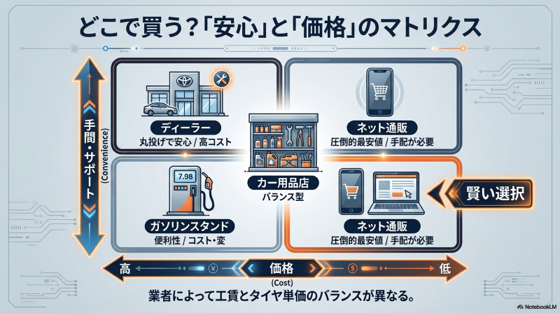 ディーラー、カー用品店、ネット通販のタイヤ交換費用と手間を比較した分布図