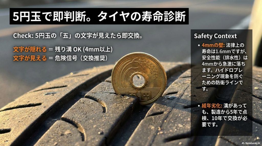 5円玉をタイヤの溝に差し込み、「五」の文字が見えるかどうかで残り溝4mmの交換推奨ラインを判断する方法を図解したスライド。