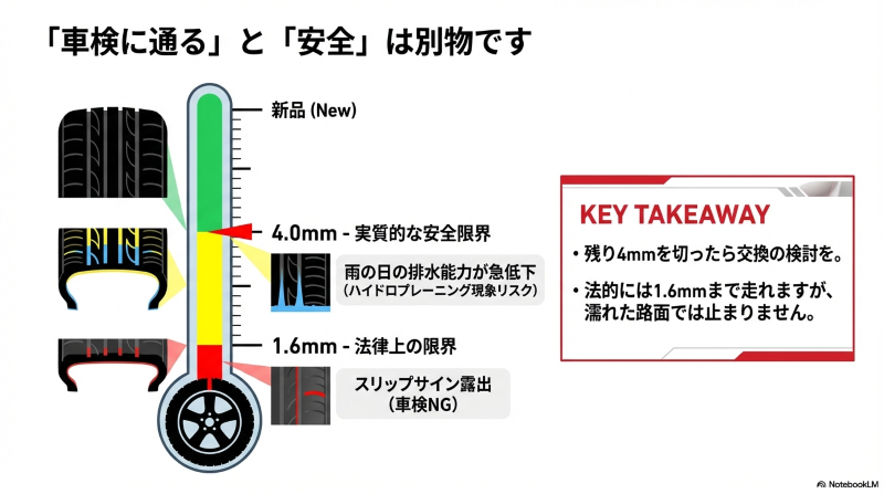 法律上の限界である1.6mm（スリップサイン）と、雨の日の排水能力が急低下する実質的な安全限界である4.0mmの違い