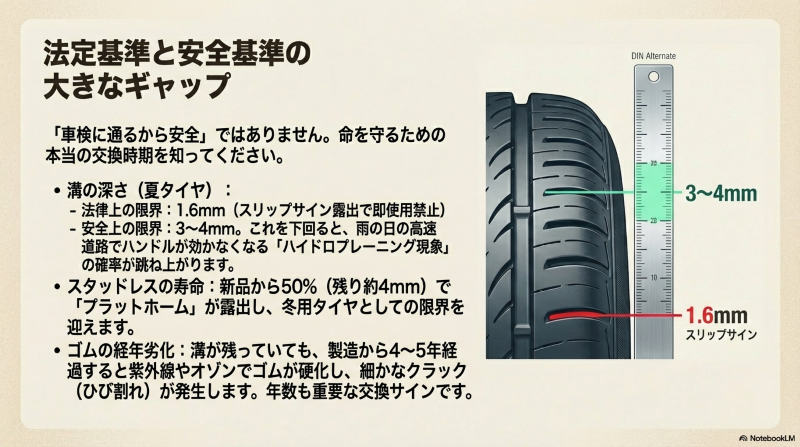 スリップサインの法定基準1.6mmとハイドロプレーニングを防ぐ安全基準3〜4mmのギャップ