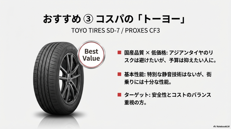 トーヨータイヤ「SD-7」と「PROXES CF3」の紹介。国産品質と低価格を両立したコスパ重視の選択肢