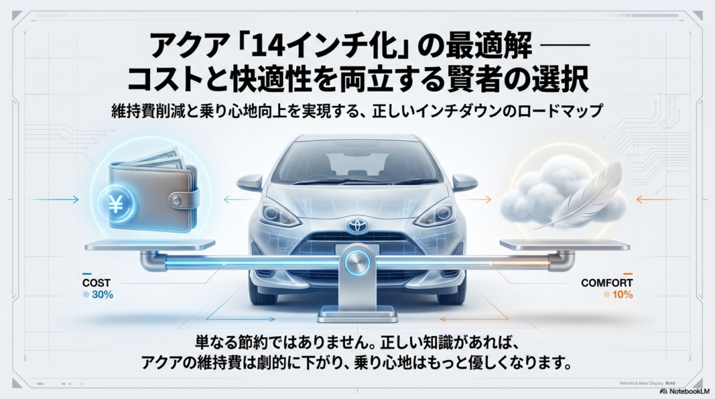 アクアのタイヤを14インチにインチダウンし、維持費削減と乗り心地向上を実現するためのガイド表紙