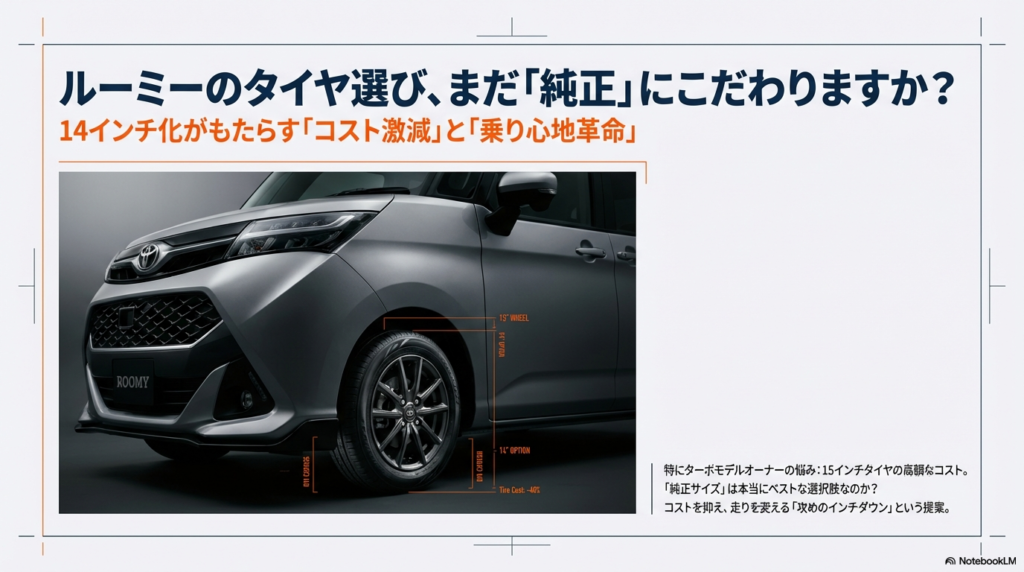 トヨタ・ルーミーのフロントビューと15インチ純正ホイール・14インチオプションホイールの比較イメージ