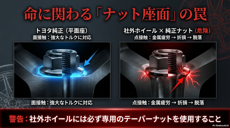 トヨタ純正の平面座ナットと社外ホイールの点接触による金属疲労と折損リスクの解説図